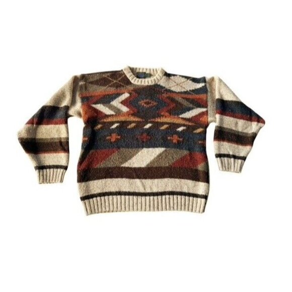 Vintage Etchings Mens Sz L Brown Blue Tan Crewneck Knit Wool Blend Sweater - Picture 8 of 8